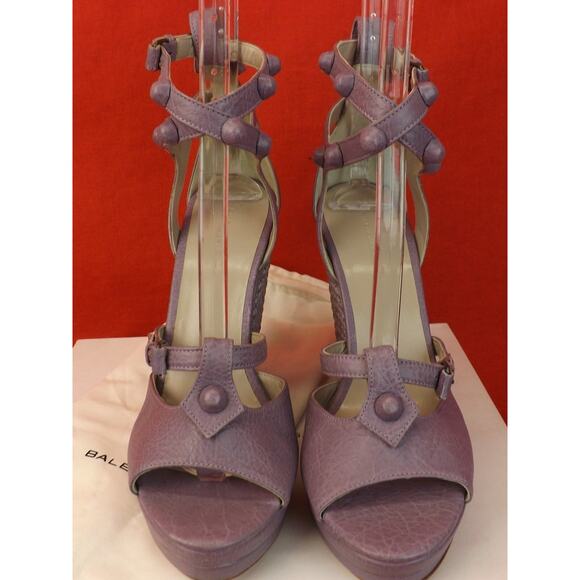 NIB BALENCIAGA ARENA GLYCINE LAVENDER LEATHER WEDGE STUDDED SANDALS 41 286068 - Picture 6 of 12